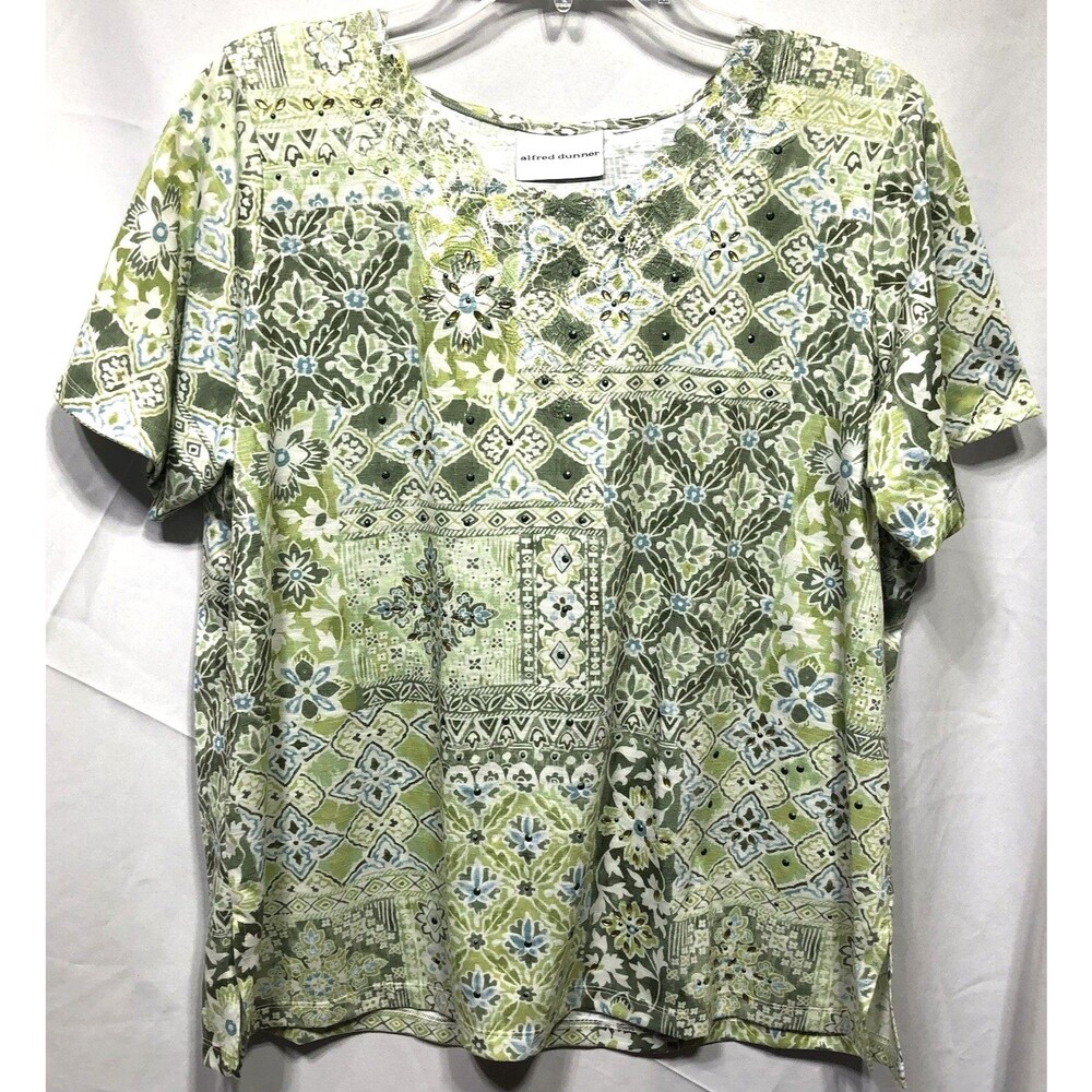 Alfred Dunner top XL green Geo beaded lace trim slits short sleeve capsule